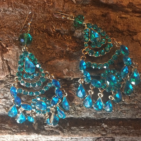 Stunning Turquoise Rhinestone Chandelier Earrings - Picture 2 of 2